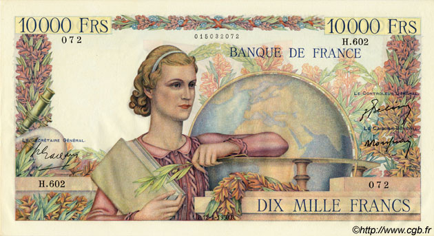 10000 Francs GÉNIE FRANÇAIS FRANKREICH  1950 F.50.26 VZ+ to fST