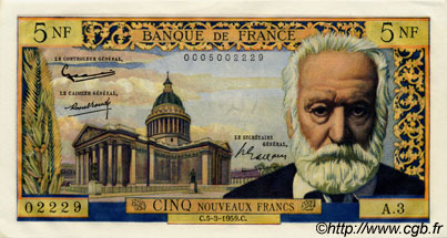 5 Nouveaux Francs VICTOR HUGO FRANCE  1959 F.56.01 AU-