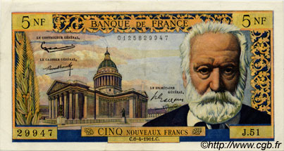 5 Nouveaux Francs VICTOR HUGO FRANCE  1961 F.56.07 XF+