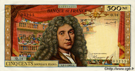 500 Nouveaux Francs MOLIÈRE FRANCIA  1965 F.60.08 SPL+ a AU