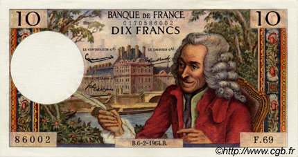 10 Francs VOLTAIRE FRANCE  1964 F.62.08 AU+