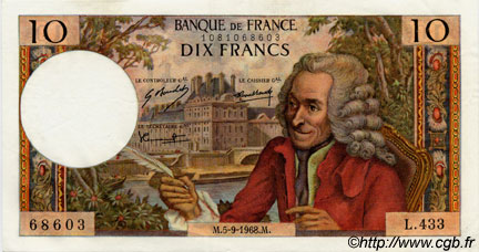 10 Francs VOLTAIRE FRANKREICH  1968 F.62.34 fST+