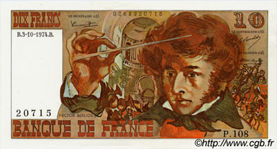 10 Francs BERLIOZ FRANKREICH  1974 F.63.07b ST