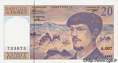 20 Francs DEBUSSY à fil de sécurité FRANKREICH  1992 F.66bis.03A37 fST+