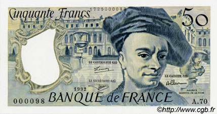 50 Francs QUENTIN DE LA TOUR FRANCIA  1992 F.67.18A70 FDC