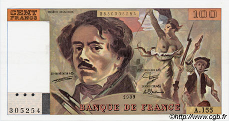 100 Francs DELACROIX modifié FRANCE  1989 F.69.13d UNC