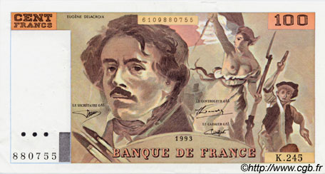 100 Francs DELACROIX uniface FRANCIA  1993 F.69bisU.08 SPL