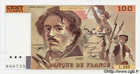 100 Francs DELACROIX uniface FRANCE  1993 F.69bisU.08 XF