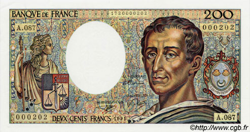 200 Francs MONTESQUIEU FRANCIA  1991 F.70.11 FDC