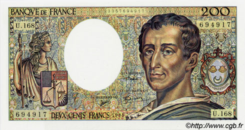 200 Francs MONTESQUIEU modifié FRANCE  1994 F.70/2.02a UNC-