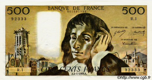 500 Francs PASCAL FRANCE  1968 F.71.01 AU