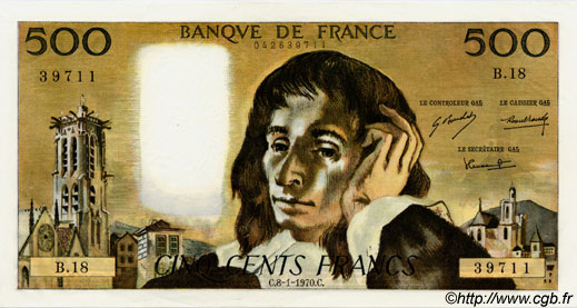 500 Francs PASCAL FRANCE  1970 F.71.05 UNC
