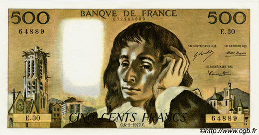 500 Francs PASCAL FRANCE  1972 F.71.08 AU