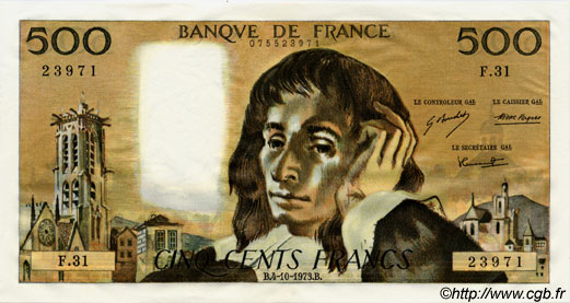 500 Francs PASCAL FRANKREICH  1973 F.71.09 fST+