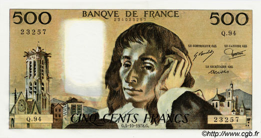 500 Francs PASCAL FRANCE  1978 F.71.18 NEUF
