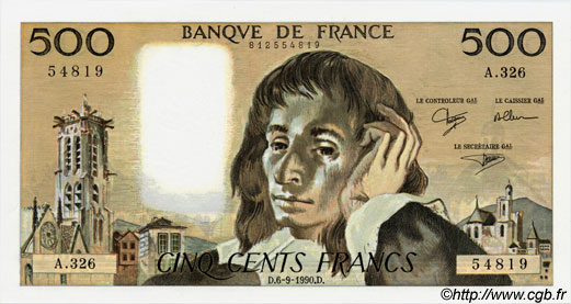 500 Francs PASCAL FRANKREICH  1990 F.71.45 fST+