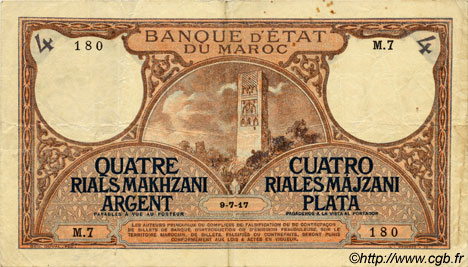 4 Rials Makhzani argent- 20 Francs MAROCCO  1917 P.01 q.BB