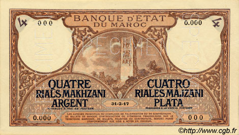 4 Rials Makhzani argent - 20 Francs MOROCCO  1917 P.01s UNC-