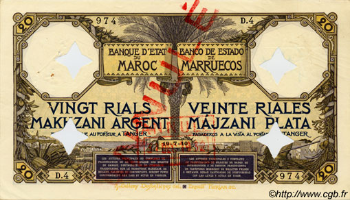 20 Rials Makhzani argent - 100 Francs MOROCCO  1910 P.02 XF
