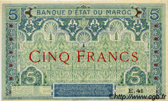 5 Francs MAROCCO  1921 P.08 AU