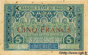 5 Francs MOROCCO  1921 P.08s VF+