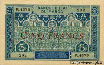 5 Francs MAROCCO  1924 P.09 BB to SPL