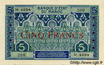 5 Francs MAROKKO  1924 P.09 fST