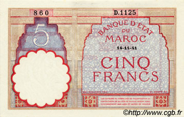 5 Francs MAROKKO  1941 P.23Ab fST+