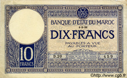 10 Francs MOROCCO  1921 P.11a VF+