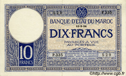10 Francs MOROCCO  1924 P.11b XF - AU