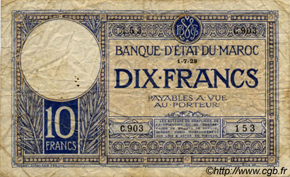 10 Francs MARUECOS  1928 P.11b BC