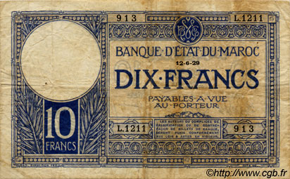 10 Francs MAROCCO  1929 P.17a MB