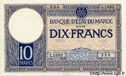 10 Francs MAROCCO  1941 P.17b q.FDC