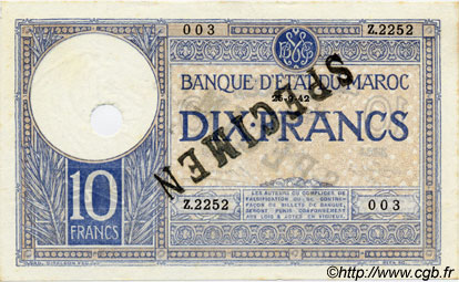 10 Francs MAROKKO  1942 P.17bs fST+