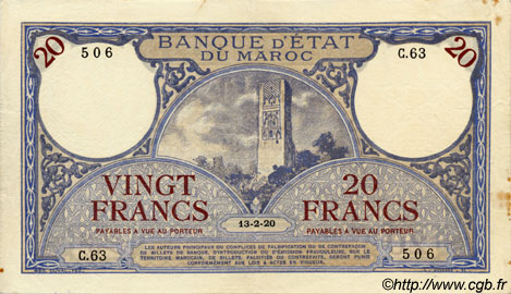 20 Francs MOROCCO  1920 P.12 VF - XF