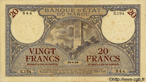 20 Francs MOROCCO  1924 P.12 VF