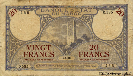 20 Francs MAROC  1926 P.12 pr.TB