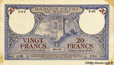 20 Francs MOROCCO  1920 P.12 XF