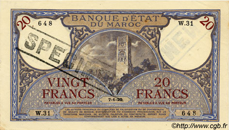 20 Francs MOROCCO  1920 P.12s XF