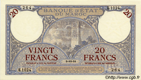 20 Francs MOROCCO  1931 P.18a AU+