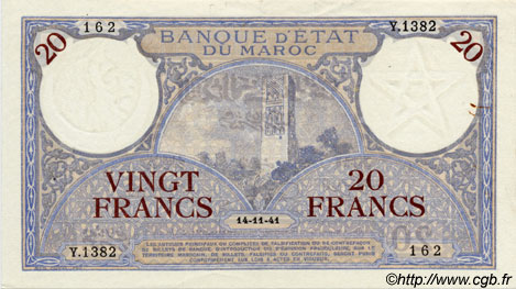 20 Francs MAROKKO  1941 P.18b VZ+