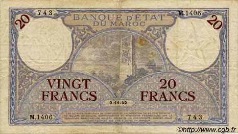 20 Francs MARUECOS  1942 P.18b BC+