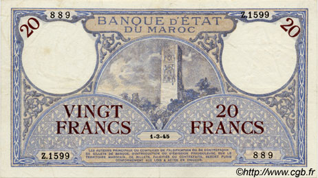 20 Francs MOROCCO  1945 P.18b XF