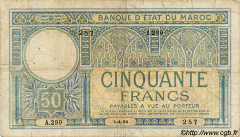 50 Francs MAROCCO  1926 P.13 q.MB