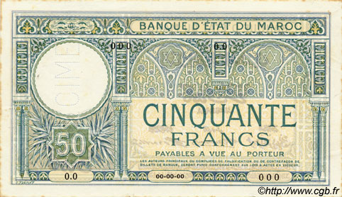 50 Francs MOROCCO  1920 P.13s XF