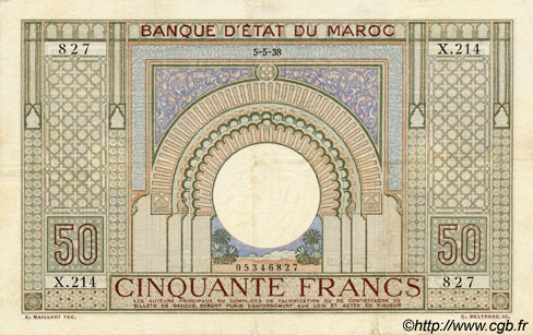 50 Francs MOROCCO  1938 P.21 VF