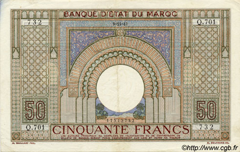 50 Francs MOROCCO  1942 P.21 XF-