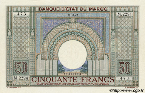 50 Francs MOROCCO  1947 P.21 XF+