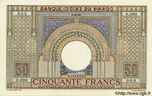 50 Francs MAROCCO  1935 P.21s q.FDC