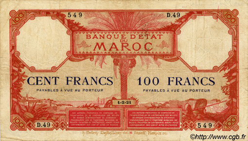 100 Francs MAROC  1921 P.14 pr.TB